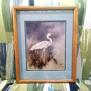Egret Print by Lorain Buck Morro Bay Artist Painter Signed Dated Matted & Framed